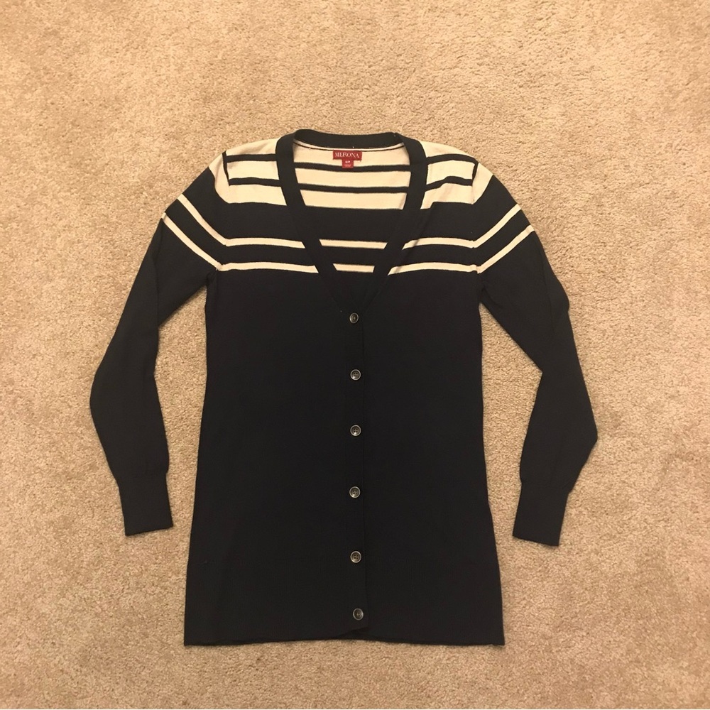 Merona Black and Cream Striped V‑Neck Button Cardigan